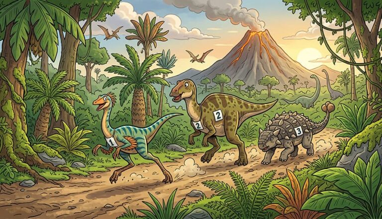 Tri dinosaury s pretekárskymi číslami bežia po ceste džungľou v blízkosti dymiacej sopky