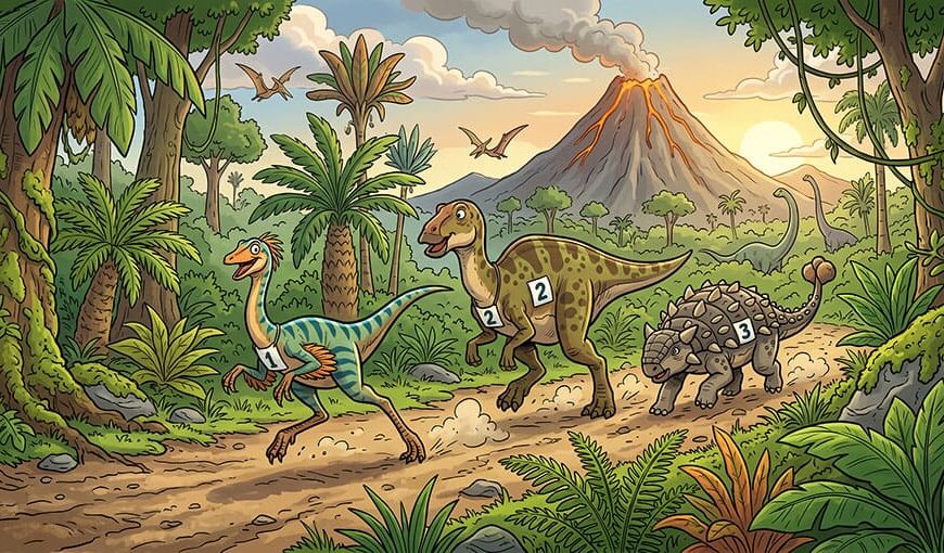 Tri dinosaury s pretekárskymi číslami bežia po ceste džungľou v blízkosti dymiacej sopky