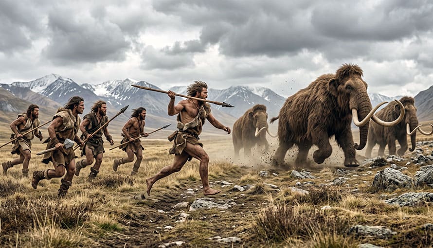 Skupina prehistorických lovcov naháňa vlnité mamuty po trávnatej pláni.