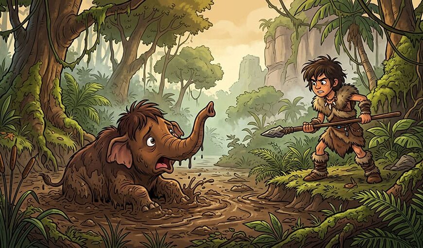 Chlapec s oštepom čelí uviaznutému mláďaťu mamuta v bahnitej prehistorickej džungli