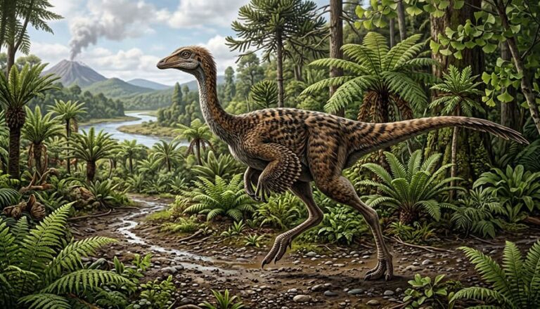 Operený dinosaurus ornitomimus sa prechádza bujným prehistorickým lesom s neďalekou sopkou