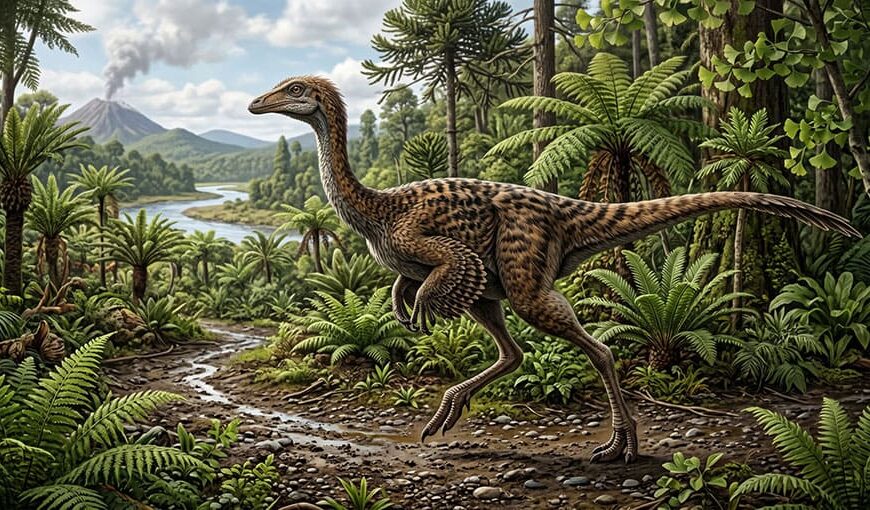 Operený dinosaurus ornitomimus sa prechádza bujným prehistorickým lesom s neďalekou sopkou