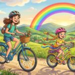 Dve dievčatá jazdia na bicykloch po vidieckej ceste, v pozadí je dúha.