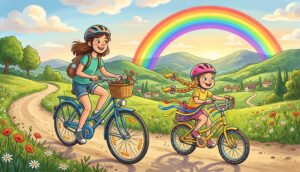 Dve dievčatá jazdia na bicykloch po vidieckej ceste, v pozadí je dúha.