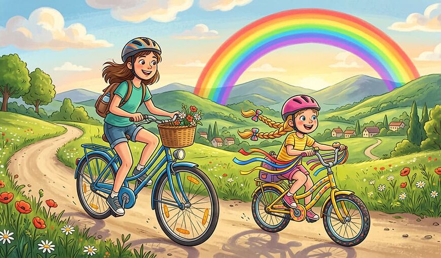 Dve dievčatá jazdia na bicykloch po vidieckej ceste, v pozadí je dúha.