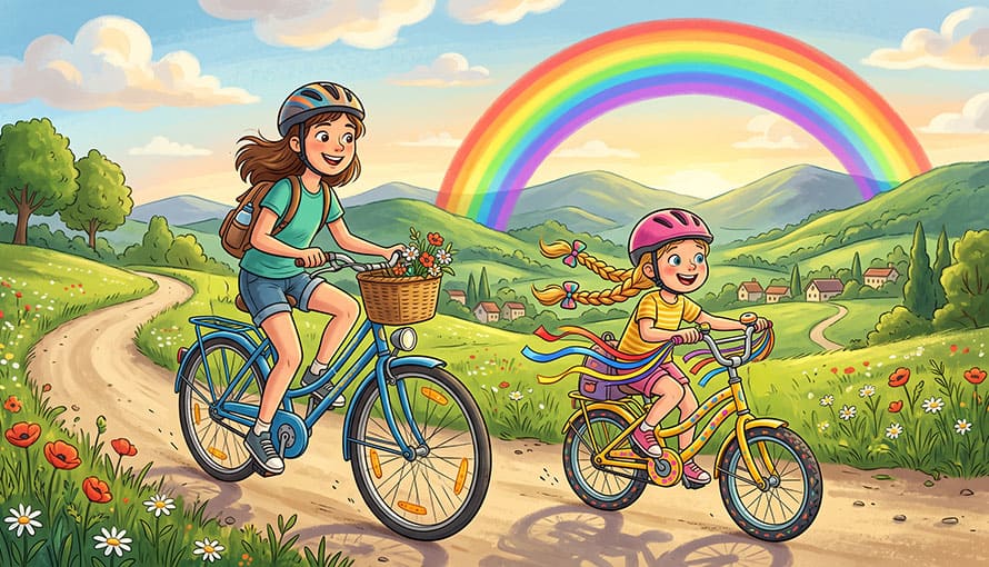 Dve dievčatá jazdia na bicykloch po vidieckej ceste, v pozadí je dúha.