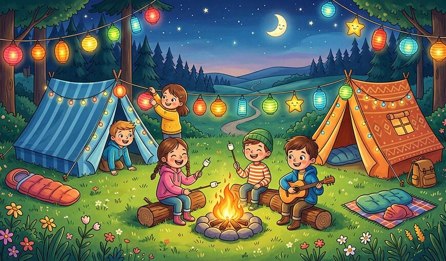 deti opekajú marshmallows a hrajú na gitare na kempingovom mieste pri svetle lampiónov