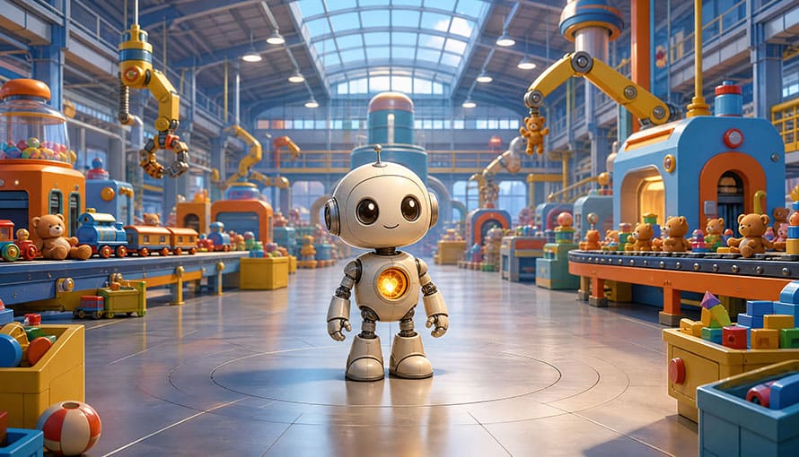 robot so srdcom stojí v továrni na hračky