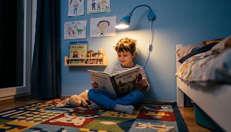 chlapec opretý o stenu vo svojej izbe číta knihu pri nočnej lampe