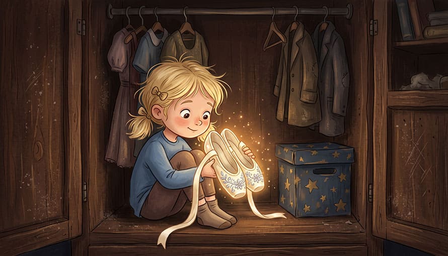 dievča sedí v skrini a v rukách drží žiariace tanečné topánky