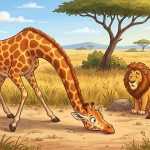 kreslená žirafa sa so sklonenou hlavou prechádza po savane