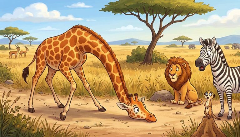 kreslená žirafa sa so sklonenou hlavou prechádza po savane