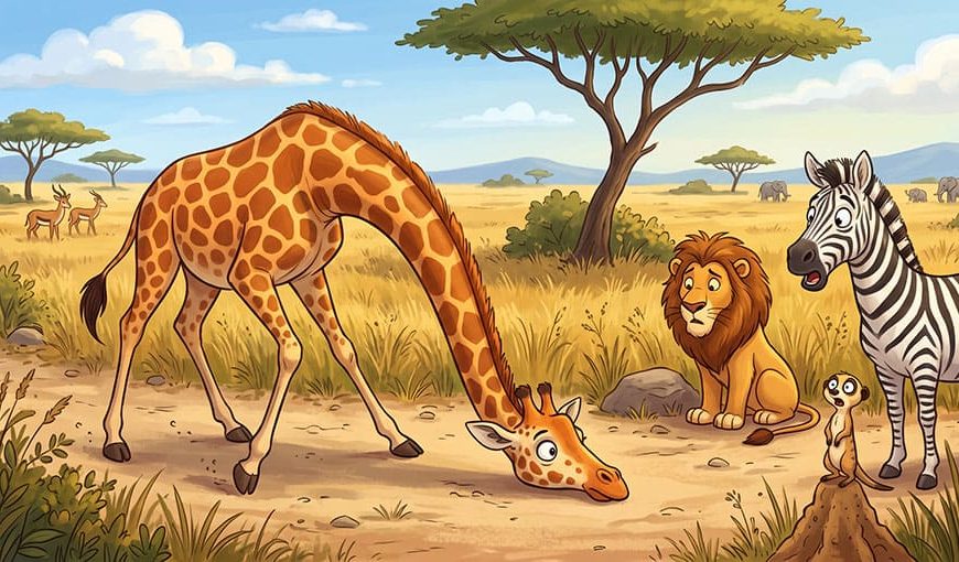 kreslená žirafa sa so sklonenou hlavou prechádza po savane