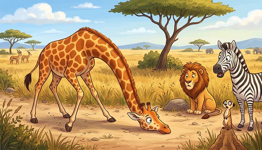 kreslená žirafa sa so sklonenou hlavou prechádza po savane