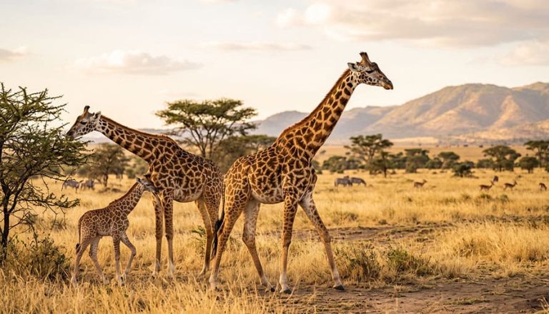 dve dospelé žirafy a jedno mláďa stoja a prechádzajú sa po trávnatej savane