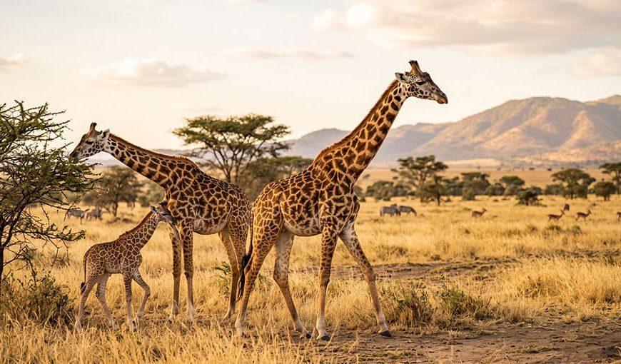 dve dospelé žirafy a jedno mláďa stoja a prechádzajú sa po trávnatej savane
