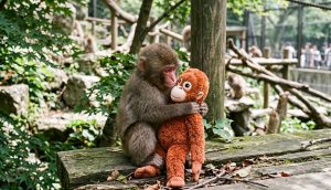 Opica makak Punch v japonskej zoo s plyšovým orangutanom z ikea