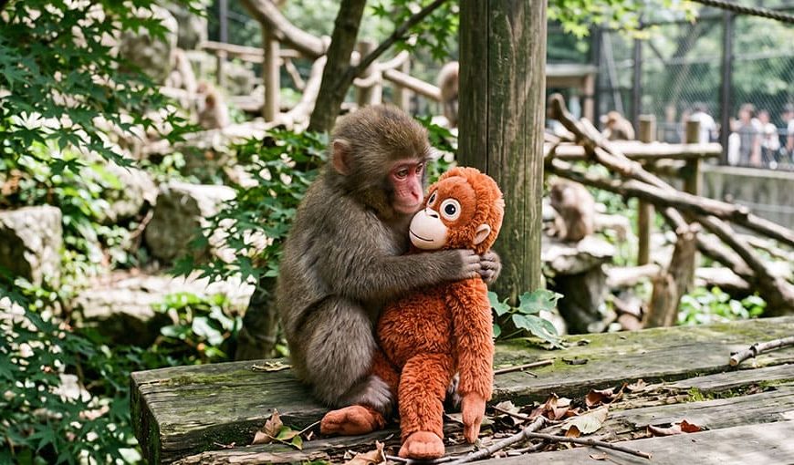 Opica makak Punch v japonskej zoo s plyšovým orangutanom z ikea
