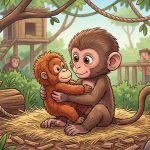 opica makak Punch držiaca hračku orangutana