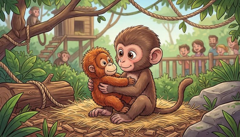 opica makak Punch držiaca hračku orangutana
