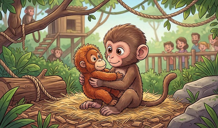 opica makak Punch držiaca hračku orangutana