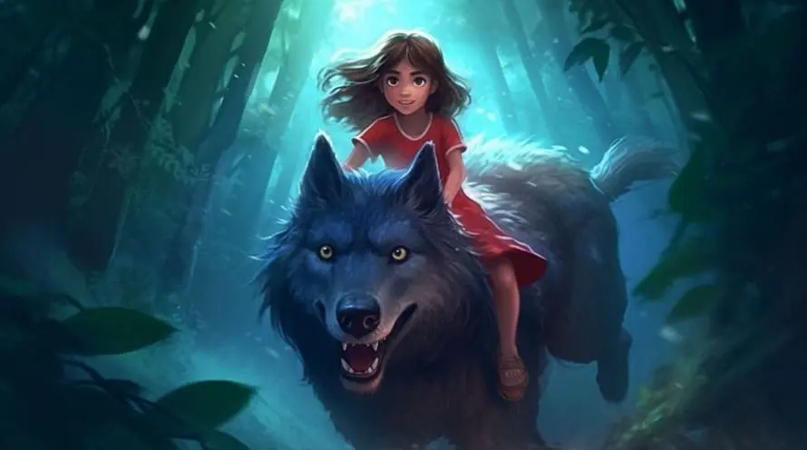 dievčatko jazdiace na vlkovi