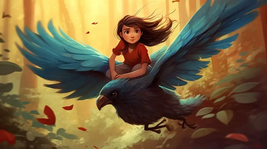 dievčatko letiace na vtákovi