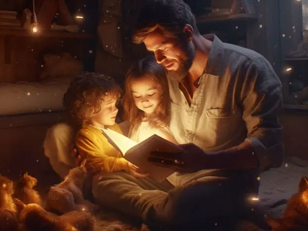 otec číta rozprávku deťom