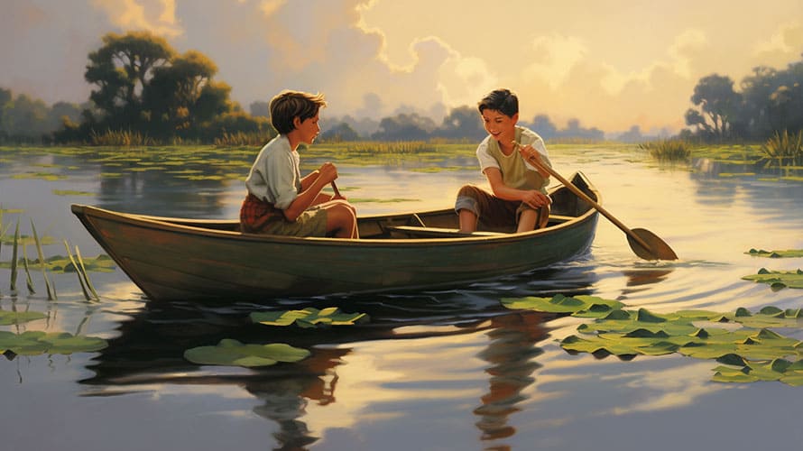 chlapci plaviaci sa na loďke