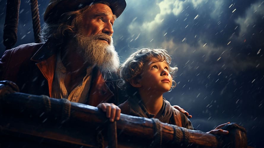 starý námorník s chlapcom na lodi v búrke