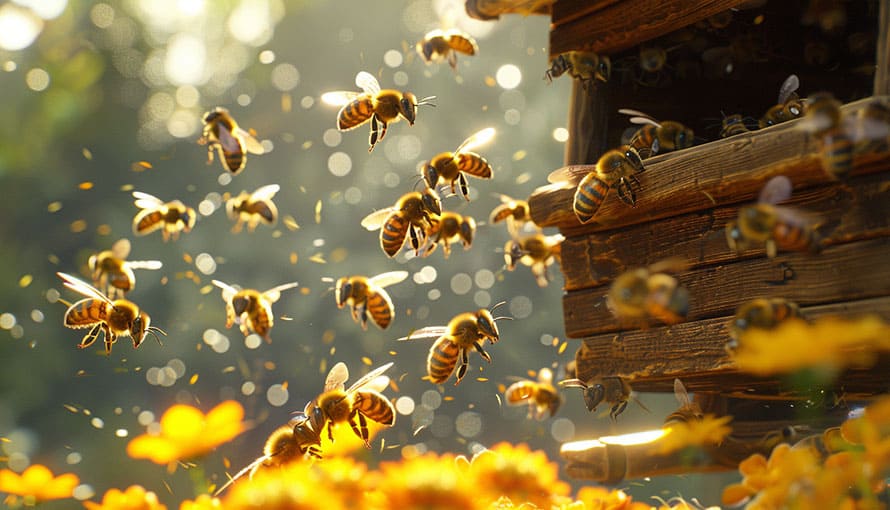 včely lietajúce pred úľom